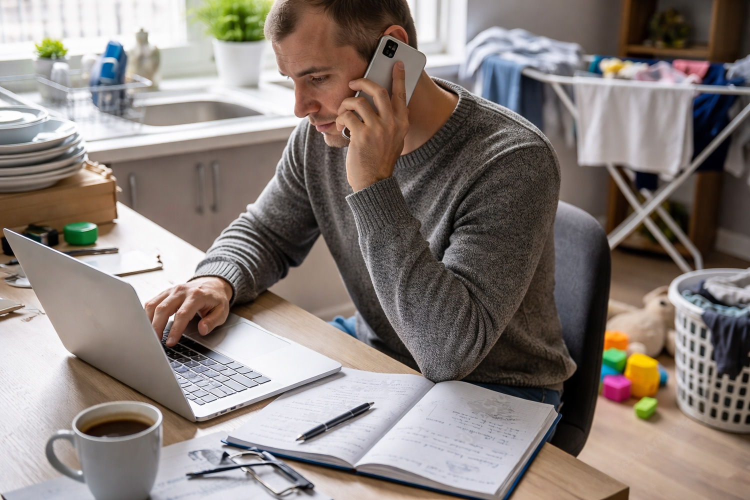 Mann im Homeoffice mit Telefon und Haushalt im Hintergrund – Ablenkung reduziert Produktivität, Alternative Coworking in Ingolstadt