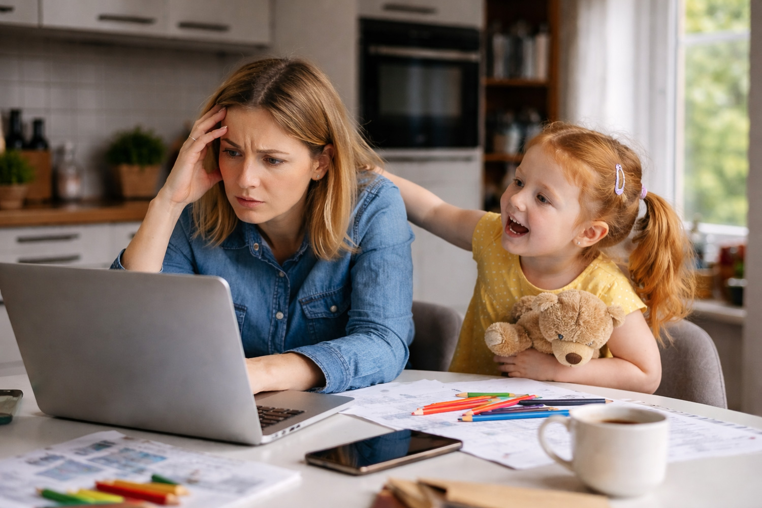 Mutter im Homeoffice mit Kind – konzentriertes Arbeiten zu Hause kaum möglich, Lösung durch Coworking in Ingolstadt